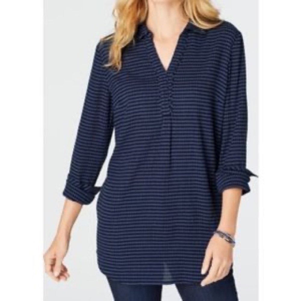 J Jill Gingham Shirt Long Sleeve Tunic Blouse Blue